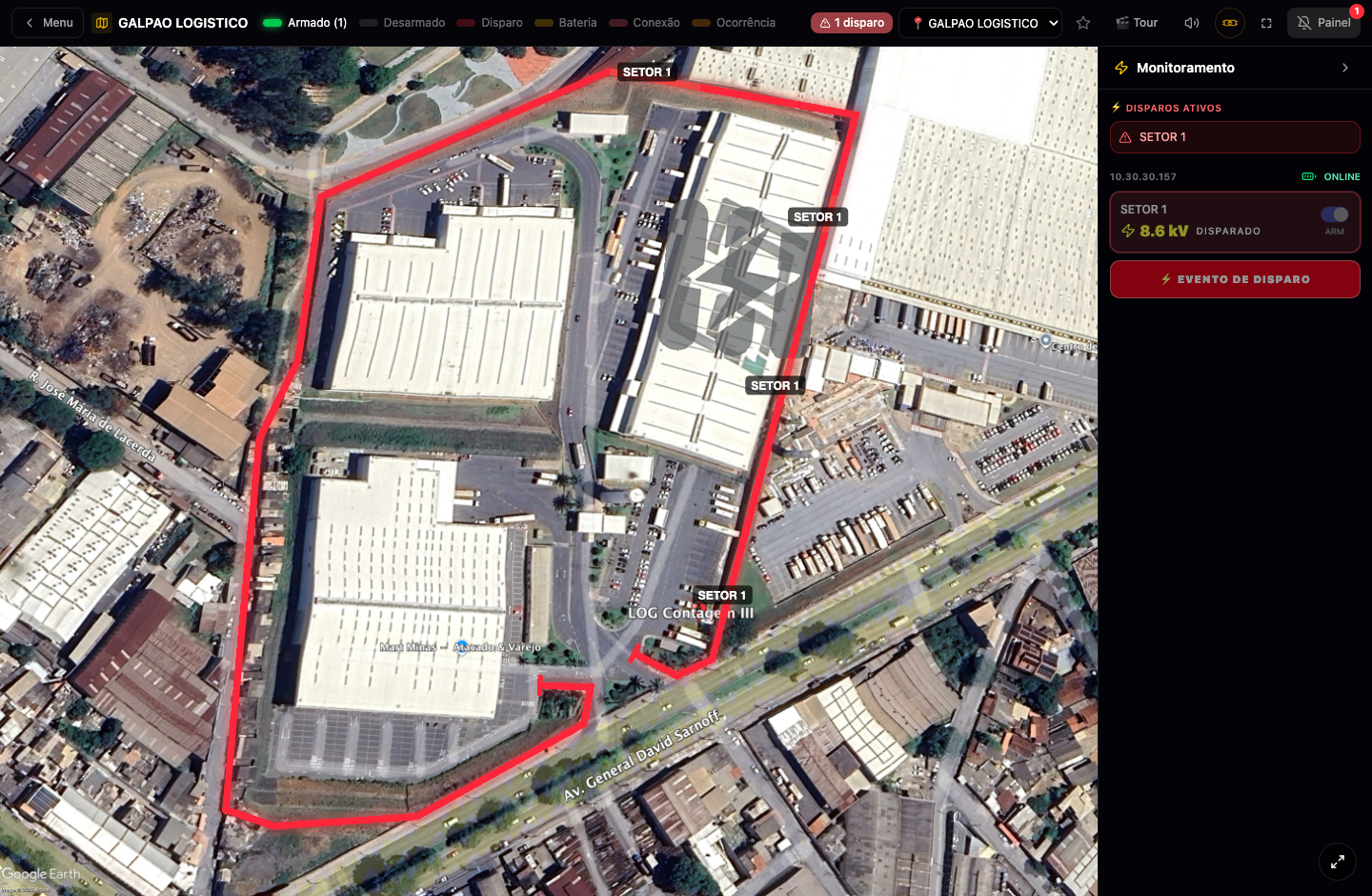 Mapa SmartFence com o SETOR 1 em disparo