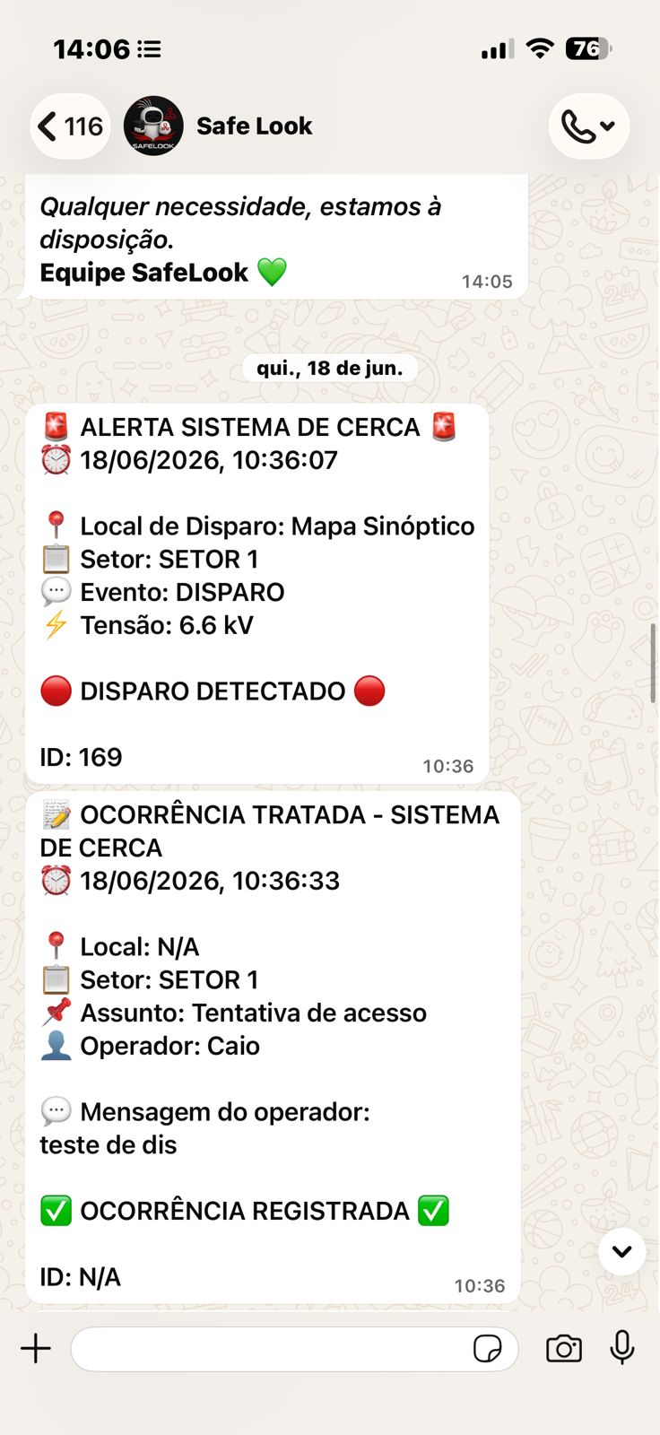 Alerta de disparo da cerca recebido por WhatsApp