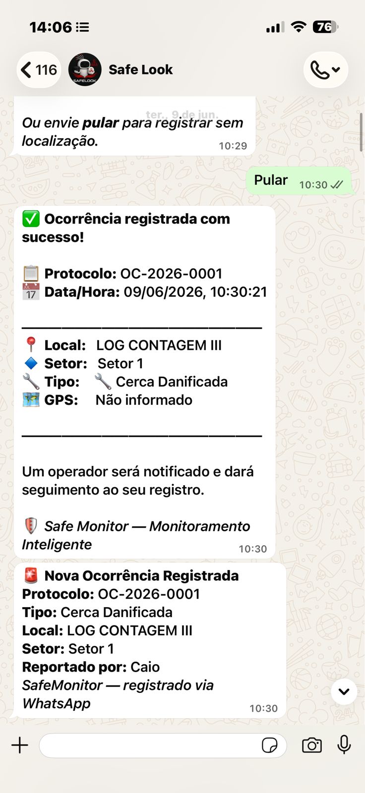 Ocorrência registrada com sucesso pelo WhatsApp